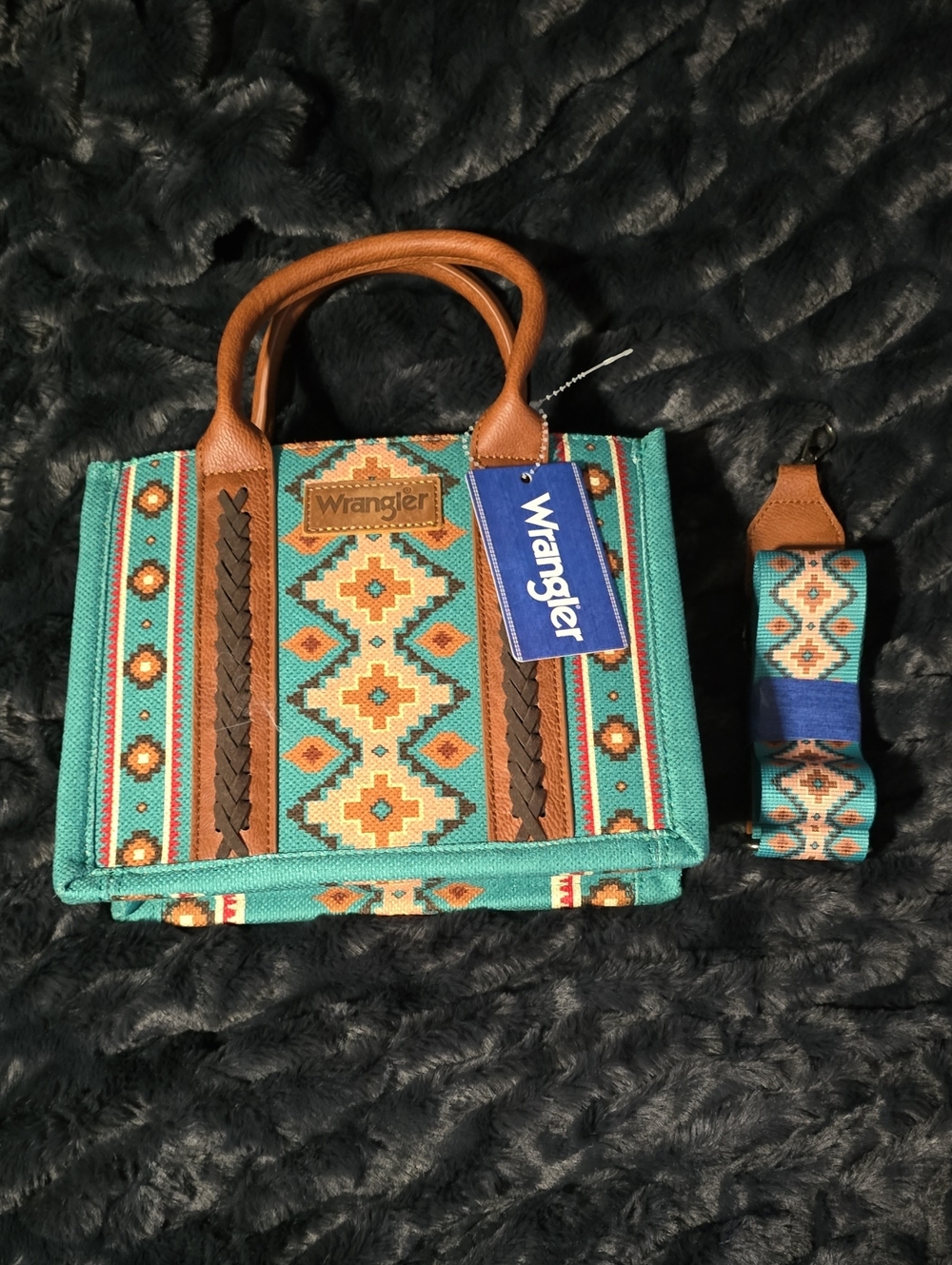Wrangler Turquoise and Tan Aztec Satchel with Removable Strap